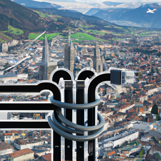 Panoramic view of Chur city with diverse IT elements like servers, network cables, and a helpdesk symbol, all intertwined aesthetically