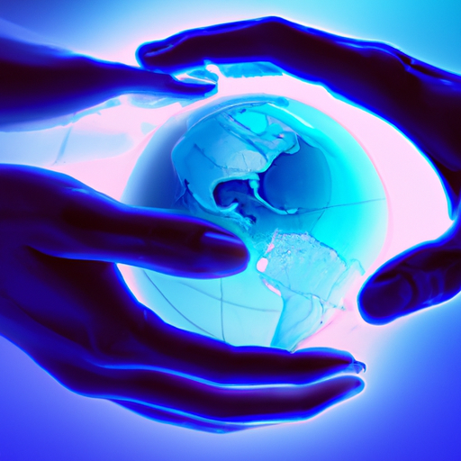  an image showing a pair of hands gently cradling a glowing, techno-inspired digital globe, symbolizing IT Support Chur's philosophy of global tech care and support