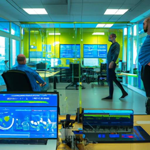 Ice in Dübendorf with workers at desks, holographic screens displaying data analytics, servers in background, and a technician providing IT support