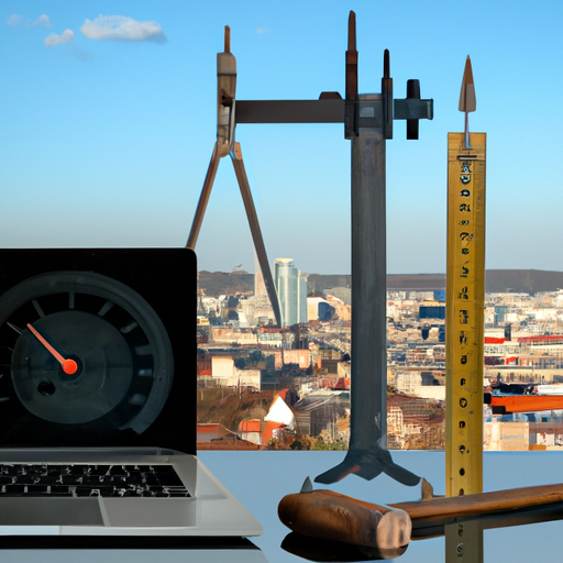 Ced scale, with a laptop on one side and tools like a wrench and screwdriver on the other, placed on a backdrop of the Dübendorf cityscape