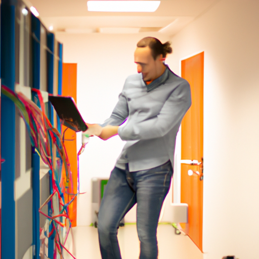 N IT technician in Uster, Switzerland, actively engaging with different IT hardware like servers, computers, network cables, and also demonstrating cloud computing services on his laptop