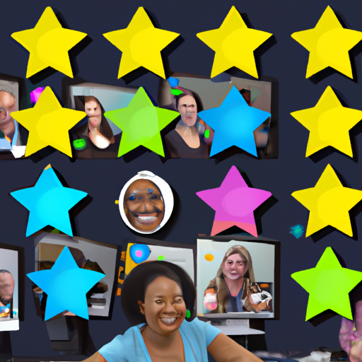 Y a collage of diverse individuals smiling at their computers in a call center environment, with positive emoticons and star ratings floating above their heads