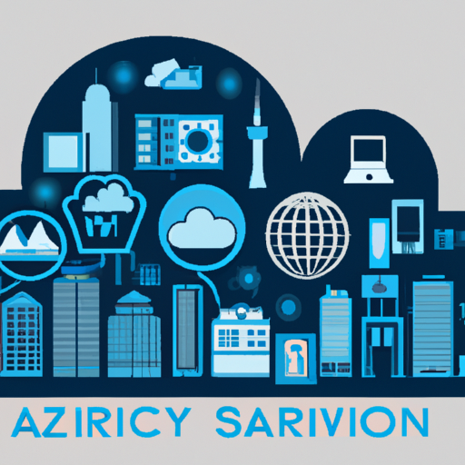Arious IT icons like servers, cloud computing, cybersecurity, network architecture, in the shape of Zürich cityscape, with blues and grays for a professional tone