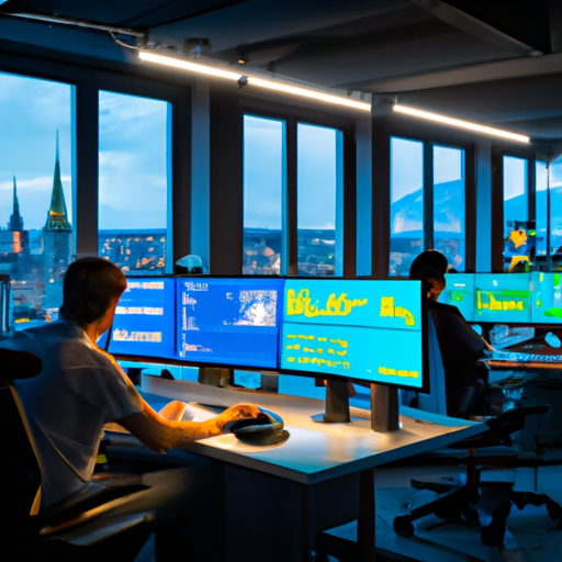 Y a bustling IT office in Zürich with employees solving issues, highlighted by glowing screens and a backdrop of Zürich's iconic landmarks like Grossmünster and Lake Zürich